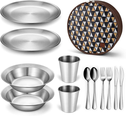 Odoland Camping Complete Messware Kit, Polished Stainless Steel Camp Dinnerware, Camping Cooking Tableware, Cutlery Organizer Utensil with Plates and Bowls Set for Backpacking, Hiking, Picnic