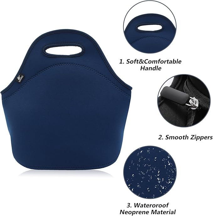 LOVAC Neoprene Lunch Bag, Thick Insulated Lunch Bag - Durable & Waterproof Lunch Tote With Zipper For Outdoor Travel Work (Blue)