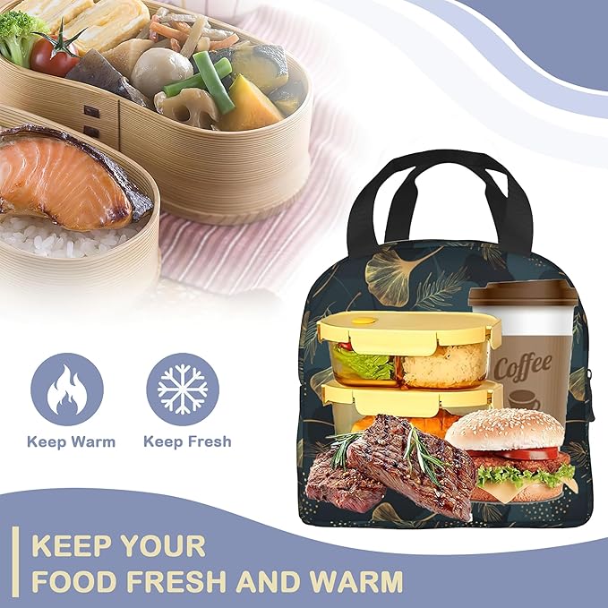 Golden Gingko Leaf Leaves Insulated Lunch Bag Reusable Lunch Box Women Men,Cooler Thermal Meal Tote for Kids School Student Picnic Office Work