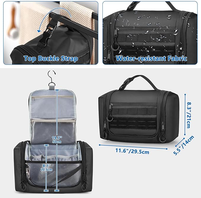 Hanging Toiletry Bag for Men, Tactical Dopp Kit Toiletry Travel Bag, Large Hygiene Organizer Shower Bag for Camping Outdoor, Black