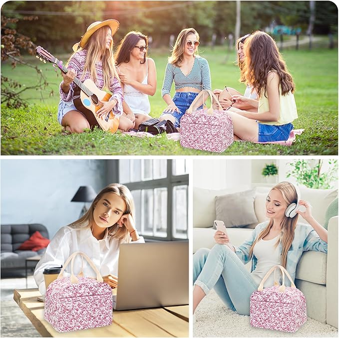 Cotton Quilted Insulated Lunch Bag, Cute Quilted Floral Lunch Tote Bags Reusable Insulated Lunch Box Coquette Aesthetic Large Capacity Insulated Cooler for Women Men Work Travel Picnic (Red)