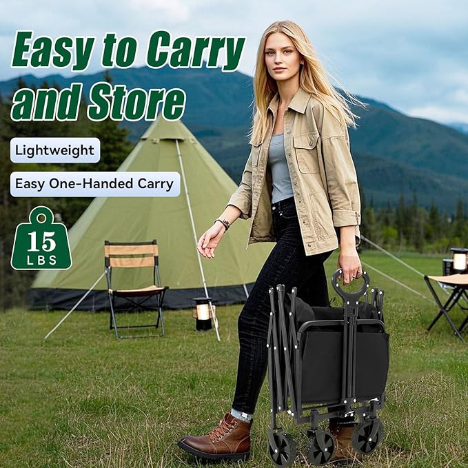 Collapsible Wagon Cart Foldable 37" L 420lbs Capacity, Heavy Duty Beach Wagon, Shopping Carts with Wheels for Grocery, Camping, Shopping, Beach, Fishing, Garden Cart