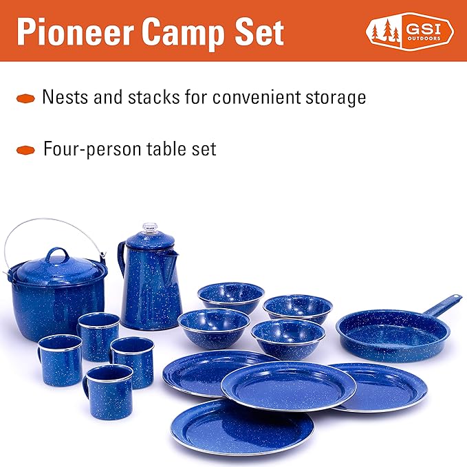 GSI Outdoors Camp Dinnerware Set I 4-Person Set Includes Pioneer Enamel Percolator, Frypan, Kettle, Bowls, Plates & Coffee Mugs