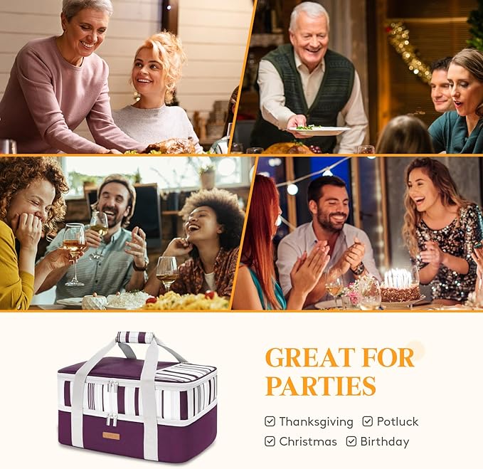 Double Decker Insulated Casserole Carrier for Hot or Cold Food, Lasagna Lugger Tote for Potluck Parties/Picnic/Cookouts, Fits 9"×13" Baking Dish, Purple