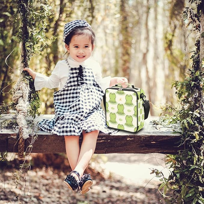 Pardick Cute Frog Kids Lunch Bag Animal Green Frogs Insulated Lunch Box for Boys Girls Waterproof Lunch Bento Tote Bags Thermal Lunchbox School Lunchbox Insulated with Shoulder Strap