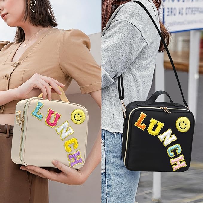 Insulated Lunch Bag Women Lunch Box Kids for Teen Girls Boys, Cute Preppy Lunch Boxes With Adjustable Shoulder Strap, Waterproof Nylon Lunchbox Lunch Bags for School Work Picnic (Beige)