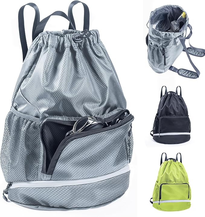 Swim Bag Beach Backpack Sports Drawstring Backpack - Gym Bag with Shoes Compartment and Waterproof Pocket for Gym Accessories, Swim Essentials - Kids Swim Backpack Mens Beach Bag, Workout Bag