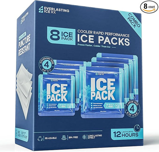 Rapid Performance Reusable Ice Packs for Coolers or Lunch Box | 8 Combo Pack | Cold for Up to 12 Hours | Ice Packs for Cooler, Long Lasting for Camping, Beach