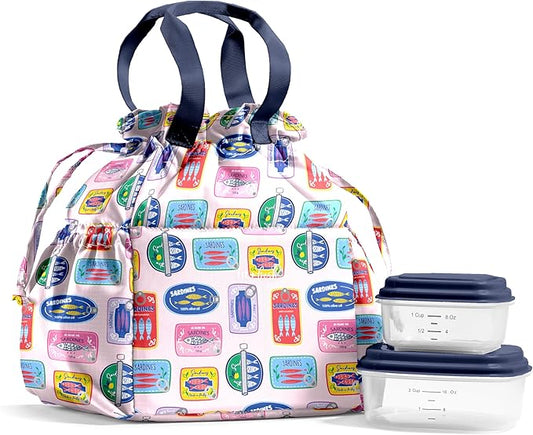 Fit & Fresh Lunch Bag For Women, Insulated Womens Lunch Bag For Work, Stain-Resistant Large Lunch Box For Women With Containers, Cinch Closure Cromwell Bag, Assorted Sardine Cans