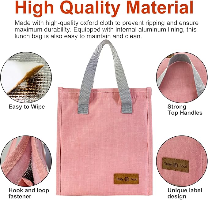 Mziart Minimalist Lunch Bag, Reusable Insulated Bag for Women Men Box Container Leakproof Simple Bento Tote Adults Cooler Work Office Picnic or Travel (Pink) M23HK-LB-005-JJ