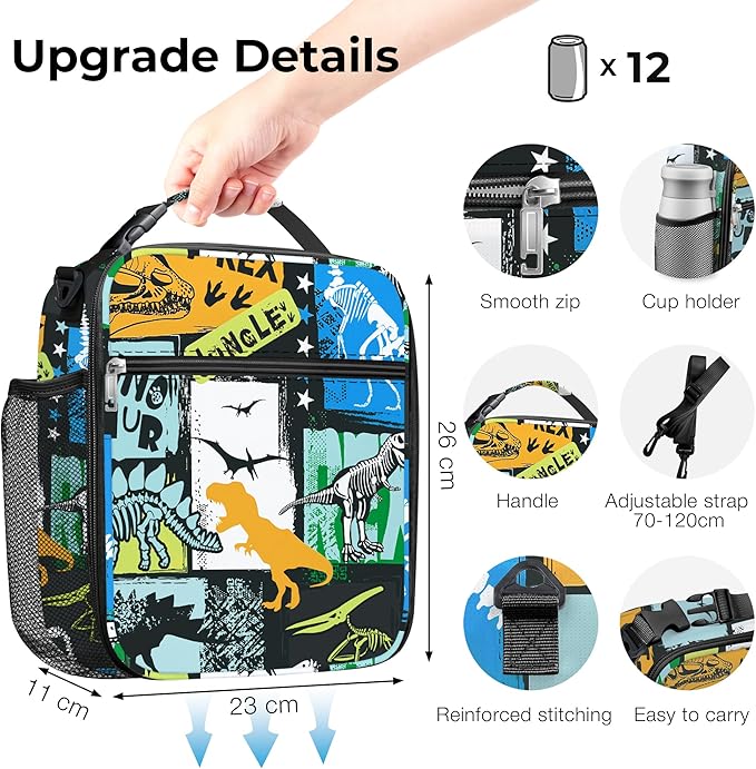 Clastyle Black Dinosaur Insulated Lunch Bag for Kids, Portable Large Thermal Cooler Lunch Bag for Boys, School Lunch Box Bag with Bottle Holder