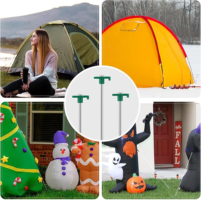 Aodaer 24 Pack Tent Stakes Heavy Duty Tent Pegs 10.25 Inch Non-Rust Metal Yard Stakes with 4x10ft Ropes and Storage Bag Inflatable Stakes for Gardening & Canopies, Camping Halloween Christmas, Green
