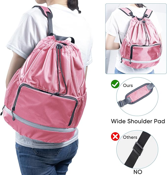 Beach Swim Bag Sports Drawstring Backpack - Gym Bag with Shoes Compartment and Waterproof Pocket for Accessories, Swim Essentials - Workout Bag