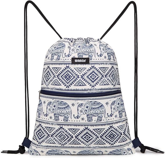 WANDF Drawstring Backpack String Bag Sackpack Cinch Water Resistant Nylon for Gym Shopping Sport Yoga (Blue Elephant with zipper)