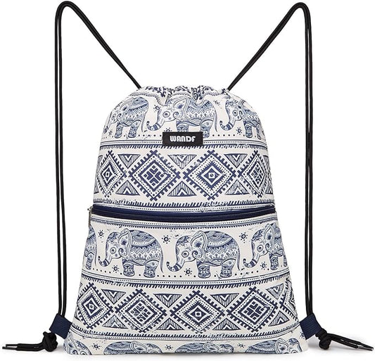 WANDF Drawstring Backpack String Bag Sackpack Cinch Water Resistant Nylon for Gym Shopping Sport Yoga (Blue Elephant with zipper)
