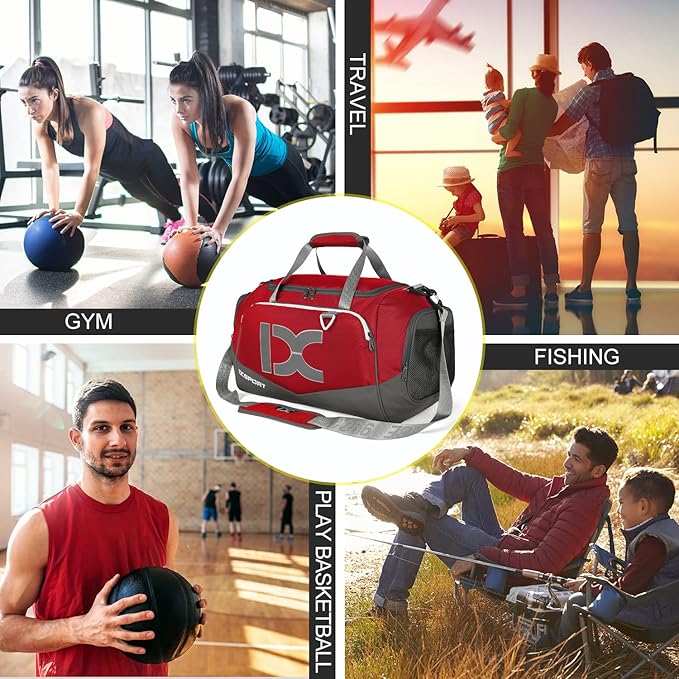 Sports Gym Bag，INOXTO Travel Duffel Bag with Dry Wet Pocket And Shoe CompartmentFor Women and Men，40L/55L Fitness Waterproof Weekender Bag For Swim Sports Travel Working Out (Red, 40L)