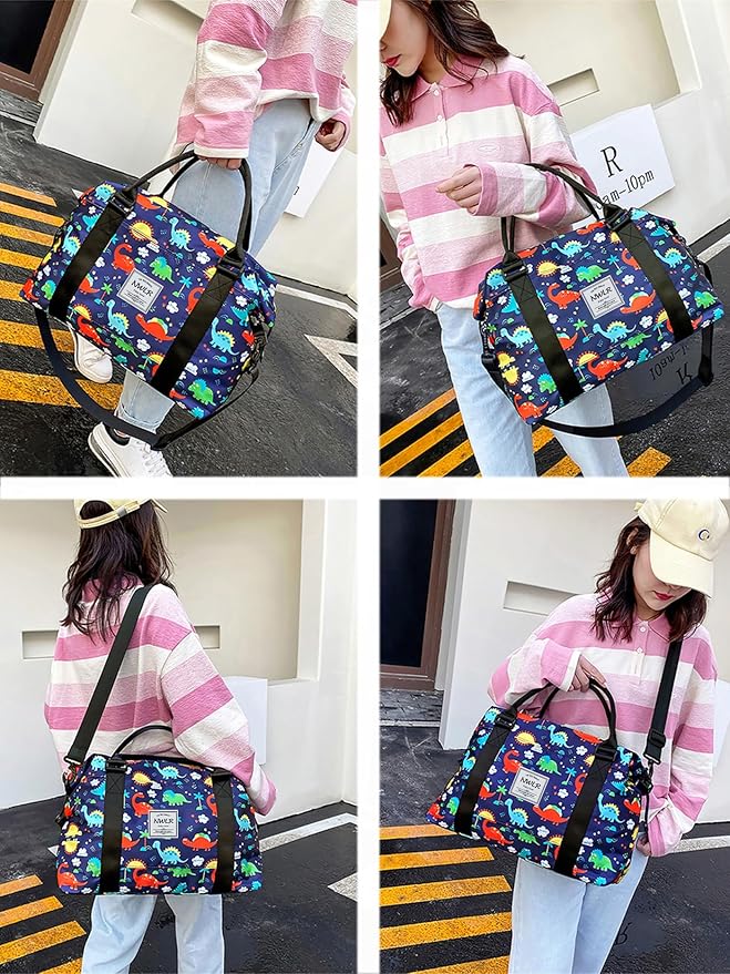 Travel Duffle Bag Weekender Overnight Gym Tote with Dry and Wet Separated Pocket for Women Girls Shoulder Bag Workout Water Resistant (cute dinosaurs)