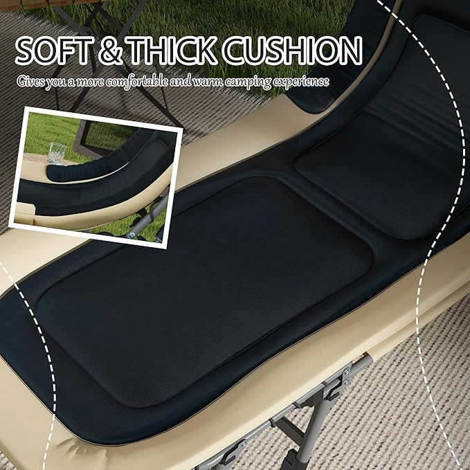 Outsunny Camping Cot for Adults, Folding Bed with Soft Padded Cushions & Headrest, 180° Adjustable Reclining Lounger, Heavy Duty and Portable with a 400 lbs. Capacity, Cream White