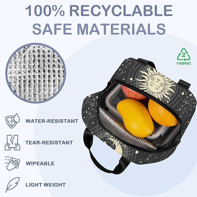 Insulated Lunch Bag, Gold Sun Moon Lunch Box for School Student Kids Boys Girls,Leakproof Small Lunch Tote for Adult Men Women,Reusable Lunch Cooler Tote Bag for Office Work Picnic