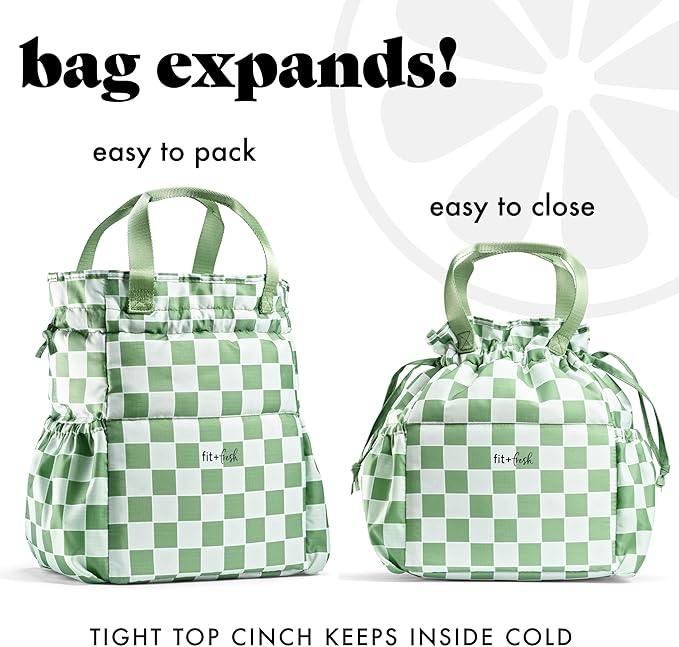 Fit & Fresh Lunch Bag For Women, Insulated Womens Lunch Bag For Work, Stain-Resistant Large Lunch Box For Women With Containers, Cinch Closure Cromwell Pistachio Checker Board