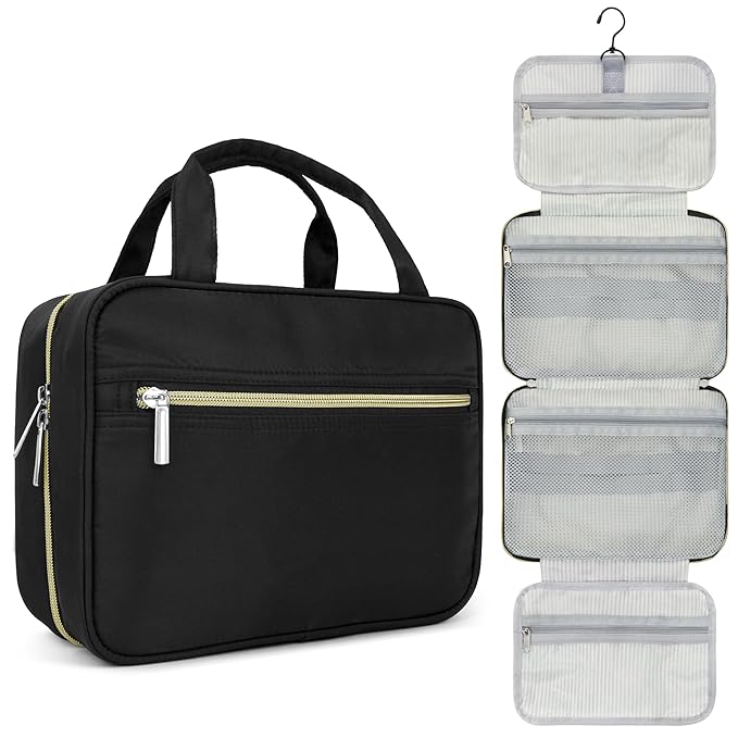 PAVILIA Hanging Toiletry Bag Travel Bag Women Men, Foldable Cosmetic Organizer, Roll up Makeup Bag, Water Resistant Accessories Toiletries, Large Travel Essentials Kit (Black Gold)