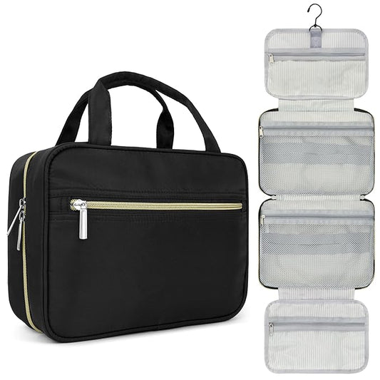PAVILIA Hanging Toiletry Bag Travel Bag Women Men, Foldable Cosmetic Organizer, Roll up Makeup Bag, Water Resistant Accessories Toiletries, Large Travel Essentials Kit (Black Gold)
