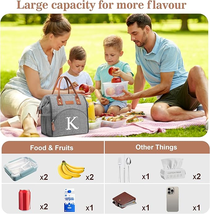 Initial Lunch Bag Women Insulated Lunch Box Wide-Open Lunch Tote Bag Large Drinks Holder Durable Nylon Thermal Snacks Organizer for Work, Travel, Picnic Personalized Gifts for Women/Teacher
