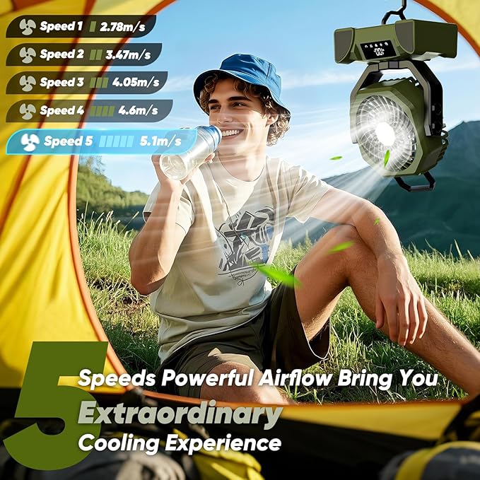 Portable Rechargeable Fan, 20000mAh Battery Powered Fan with LED Light, Camping Fans for Tent Remote Control, 5 Speed & Hook, 10-inch Outdoor Cordless Fans for Travel,Home, Beach, Power Outage - Green