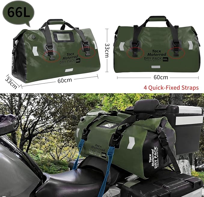 Waterproof Duffel Bag for Men/Women, Roll-top Dry Backpack Duffel Bag with Quick-fixed Straps, Motorcycle Tail Saddle Bag for Motorcycling, Rafting, Boating, Kayaking, Travel, 66L-Green