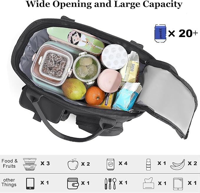 Hafmall Large Insulated Lunch Bag for Women Men, Leakproof Lunch Box for Adults, Wide Opening Lunch Tote Bag with Shoulder Strap, Reusable Lunch Cooler Bag for Work, Picnic, Black