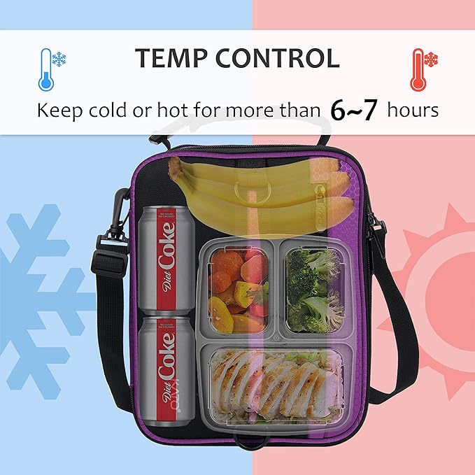 Expandable Insulated Lunch Bag, Leakproof Flat Lunch Cooler Tote with Shoulder Strap for Men and Women, Suitable for Work & Office by Tirrinia, Purple