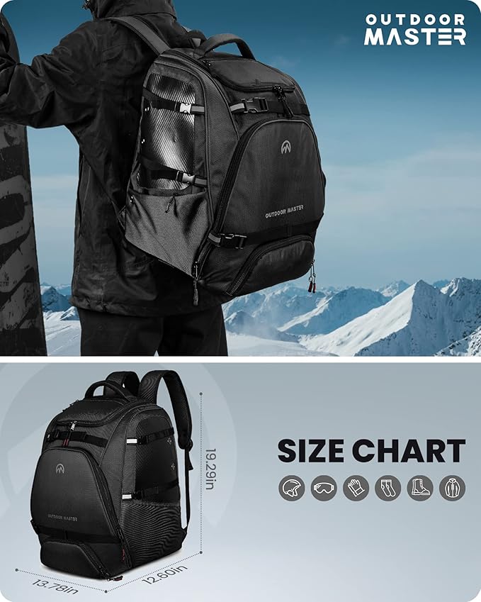 OutdoorMaster Ski Boot Bag, 50L Waterproof Snowboard Bag for Air Travel, Travel Boot Backpack for Ski Helmet, Goggles-Black