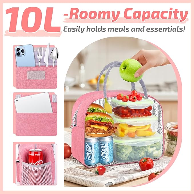 KIPBELIF Cute & Roomy Adult Lunch Box for Women – Stylish Insulated Lunch Bag with Cooling Pack, Shoulder Strap, Multi-Pockets for Work, Picnic (Standard Size) (Pink with Ice Pack)