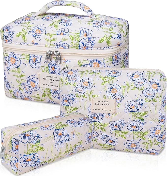 3PC Makeup Bag Set, Quilted Makeup Bag, Large Floral Cosmetic Bag for Women, Cute Cotton Makeup Bags, Flower Travel Toiletry Organizer Bag (light blue)