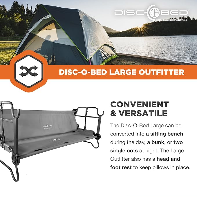 Disc-O-Bed Large Outdoor Convertible 2 Person Bench and Double Camping Cot Portable Bed Bunk System for Adults