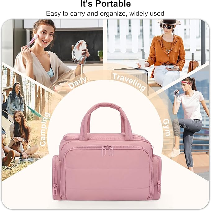 Travel Toiletry Bag for Women, Lightweight Wide-open Cosmetic Travel Bags for Toiletries with 2 Removable Dividers, Large Makeup Organizer with Brushes Board, Multi Pockets for Gym, Daily, Pink