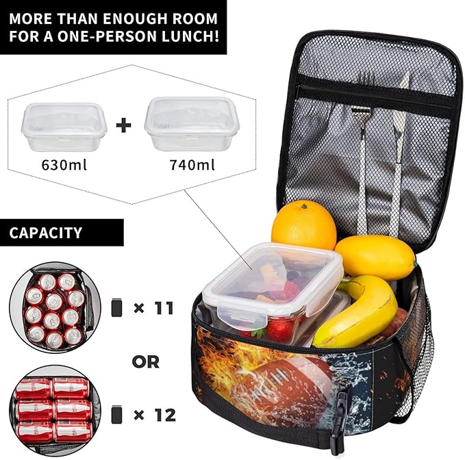 American Football Lunch Bag For Boys Girls, Reusable Fire Water Sport Lunch Box Insulated Portable Lunch Tote For Kids School Men Women Adults Work Travel