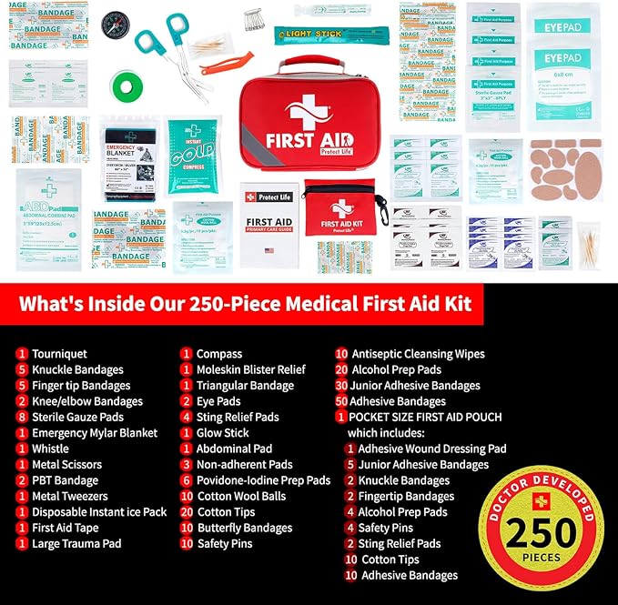 Protect Life Survival First Aid Kit for Home/Business, Camping Survival Kits | Mini Travel First Aid Kit | Camping Equipment | Small Kits for Car | Outdoor Emergency Survivals Pack