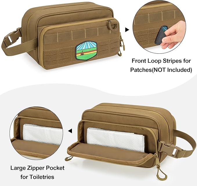 Tactical Toiletry Travel Bag for Men, Dopp Kit Shaving Organizer Case for Toiletries, Shower and Grooming Care Accessories, Khaki(Empty Bag Only, Patent Design)