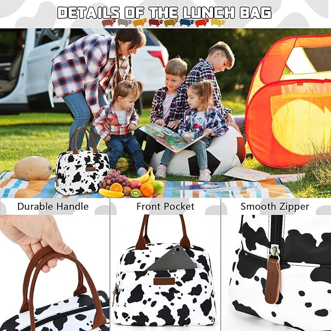 LOKASS Lunch Bag for Women/Men-Insulated Adults Lunch Box with Front Pocket- Small Cute Lunch Tote for Work-Reusable Cow Print Cooler Bag for Office Picnic Beach or Travel