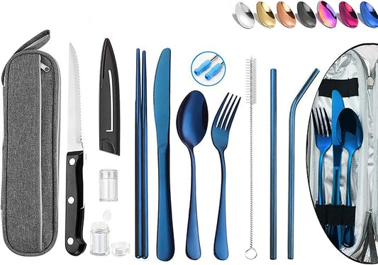 Portable Reusable Travel Utensils Silverware With Case, Camping Cutlery Set, Chopsticks and Straw, Flatware With Case, Stainless Steel Top (Blue)