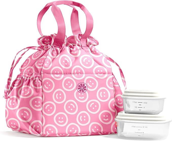 Fit & Fresh Lunch Bag For Women, Insulated Womens Lunch Bag For Work, Stain-Resistant Large Lunch Box For Women With Containers, Cinch Closure Cromwell Bag, All Smiles Fuchsia