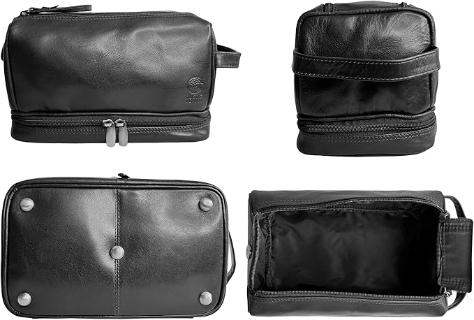 RusticTown Leather Toiletry Bag for Men - Travel Shaving Dopp Kit - Bathroom Shower Toiletries Organizer - Cosmetic Make up Bag for Women