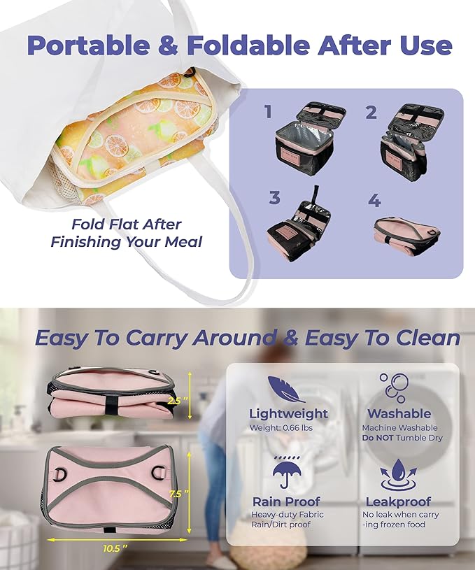 SUNNY BIRD Foldable Insulated Lunch Bag Leakproof Thermal Lunch Box for Women Men Teen with Shoulder Strap (Grapefruit Pink)