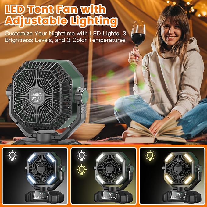 Camping Fan Rechargeble - Portable Battery Powered Fan 20000mAh with LED Lantern Light, Oscillating Tent Fan with Remote, USB Output, Dual Motor, Camping Fans for Tents, Travel, Home (Forest Green)