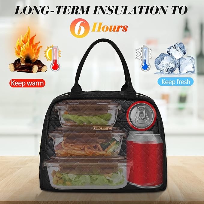 LOKASS Lunch Bag Women Insulated Lunch Box Thermal Lunch Tote Bags for Adults Work(Black-Embroidery)