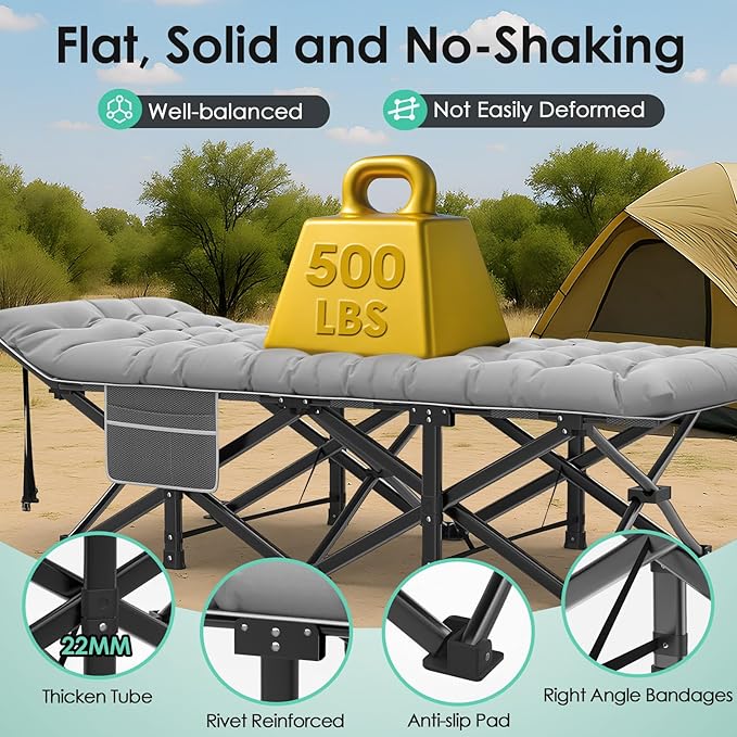Suteck Camping Cot, 32In XXL Folding Camping Cot Heavy Duty Sleeping Bed for Adults 1200D Double Layer Oxford Cots for Camping W/Pilllow Mattress Carry Bag for Home Office Nap Beach Travel, 500LBS