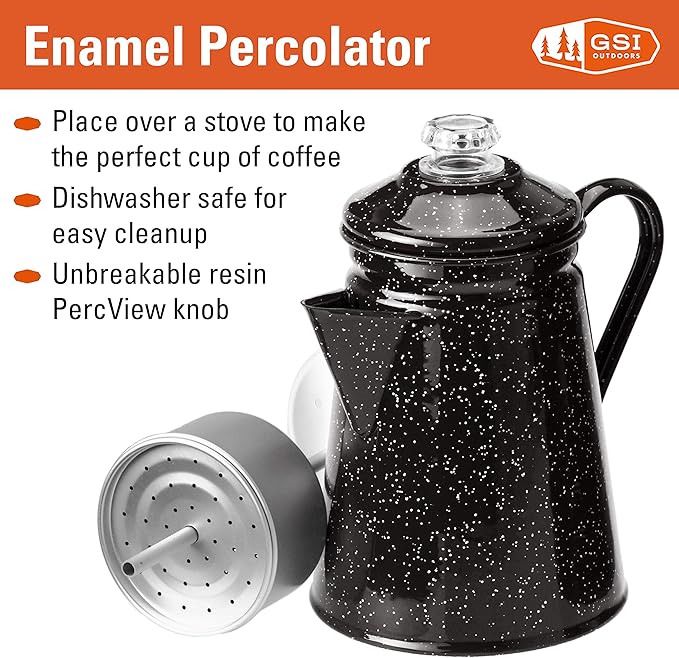 GSI Outdoors Percolator Coffee Pot | Enamelware Campfire Coffee Boiler Kettle for Outdoor Camping Cookware, Cabin, RV, Kitchen, Hunting & Backpacking