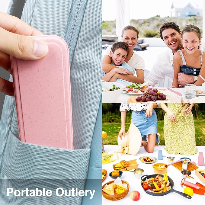 Reusable Travel Utensils Set with Case, Beige Wheat Straw Portable Knife Fork Spoons Tableware, Eco-Friendly BPA Free Cutlery for Kids and Adults as Travel Picnic Camping Utensils