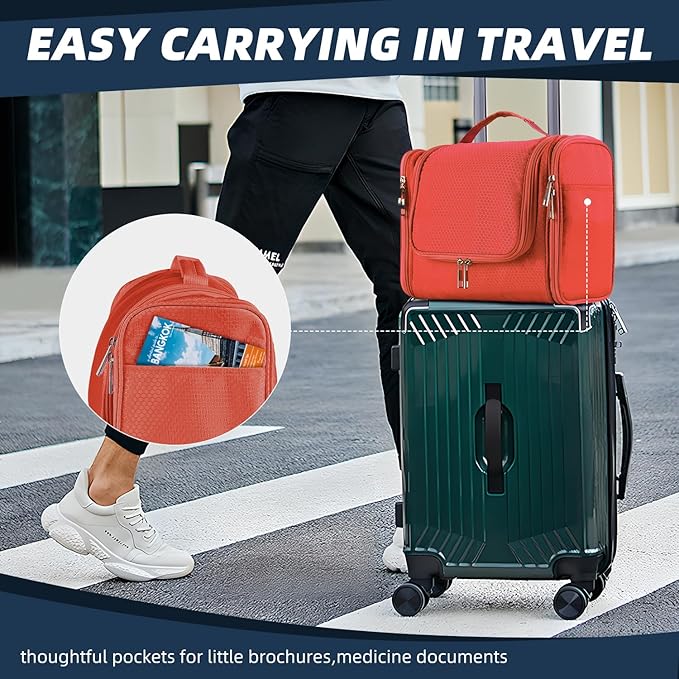 Buruis Large Capacity Toiletry Bag for Women and Men, Hanging Toiletry Organizer Cosmetics Makeup Bag, Water-resistant Dopp Kit Shaving Bags for Full Sized Toiletries, Travel Essentials (Orange)